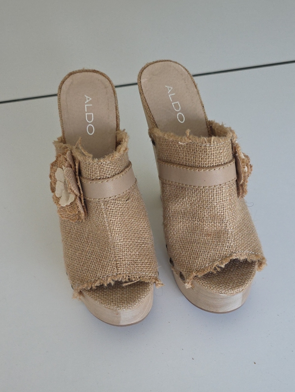 ALDO Beige Burlap Platform Mule Sandals with Flower Accent